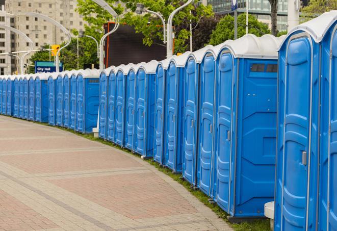 a row of portable restrooms at a fairground, offering visitors a clean and hassle-free experience in Anaheim